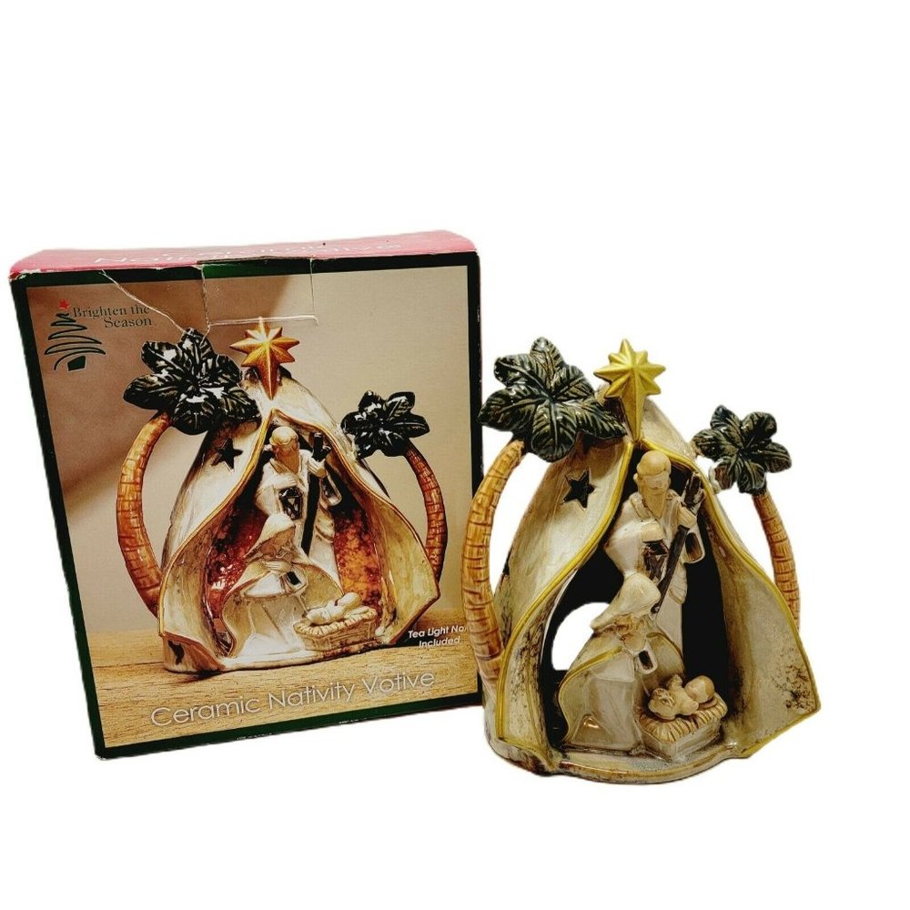 Brighten the Season Ceramic Mary Joseph Jesus Nativity Votive Holder Multicolor
